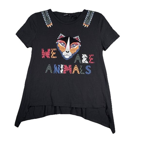 Desigual Shirt Womens XL Black Beaded We are Animals Tiger Artsy Art to Wear - Picture 1 of 8